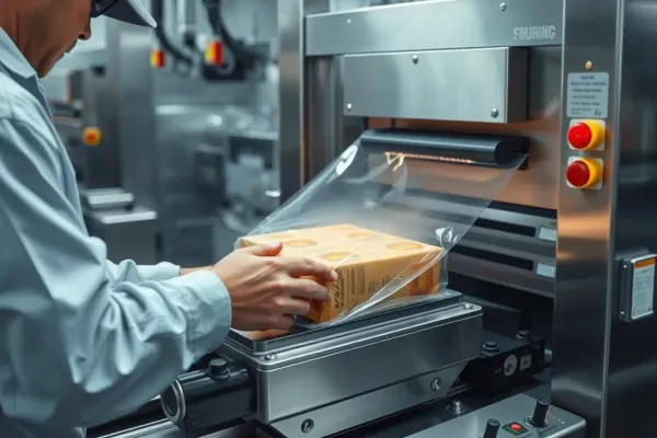 shrink-wrapped products on conveyor