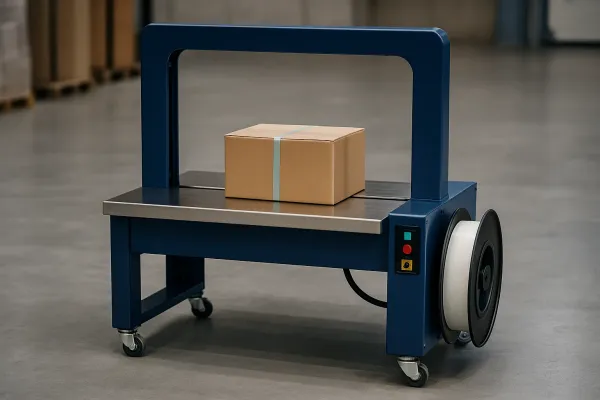 automatic strapping machine securing shipping box