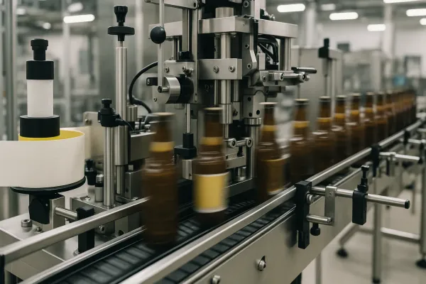 industrial labeling machine in action, applying labels on bottles