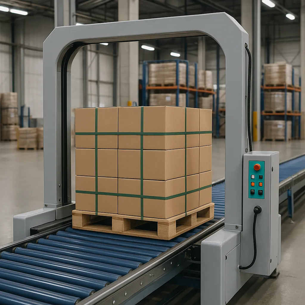 automatic strapping machine sealing a pallet load