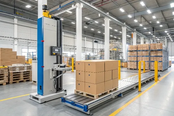 Strapping machine securing cartons in warehouse
