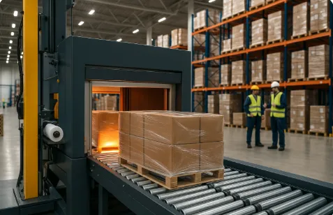 shrink wrap machine packaging operation in a modern warehouse